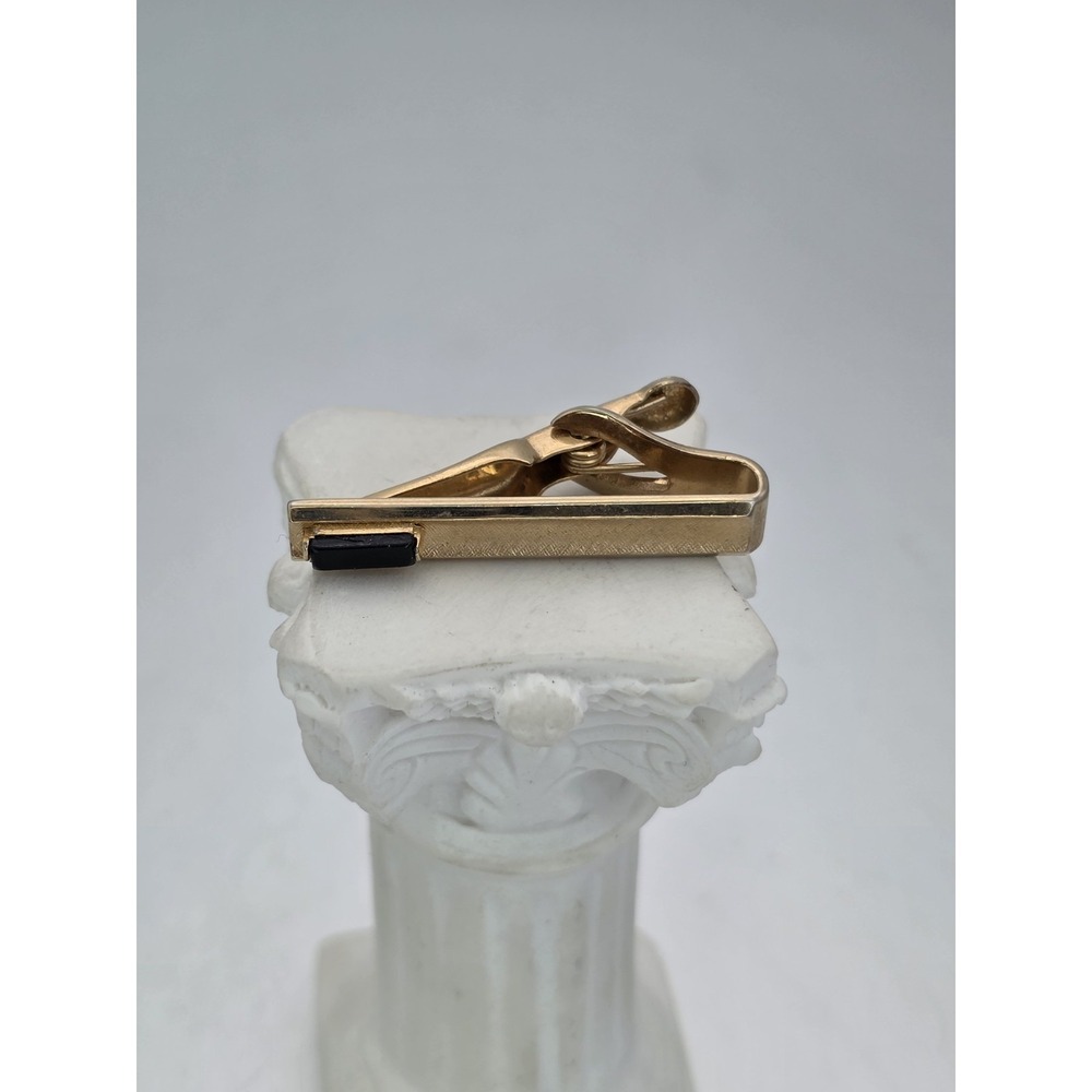 Vtg SWANK Tie Bar Clip Clasp Tie Tack Gold Tone Faux Onyx Stone FREE $HIPPING